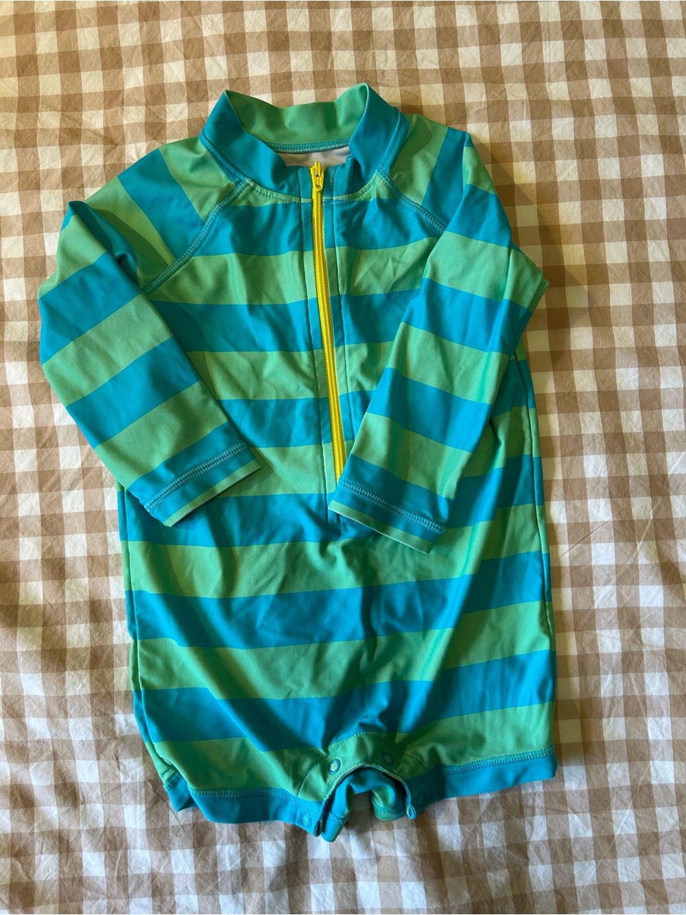 Primary Green and Teal Striped Long-Sleeve Rashguard One-Piece